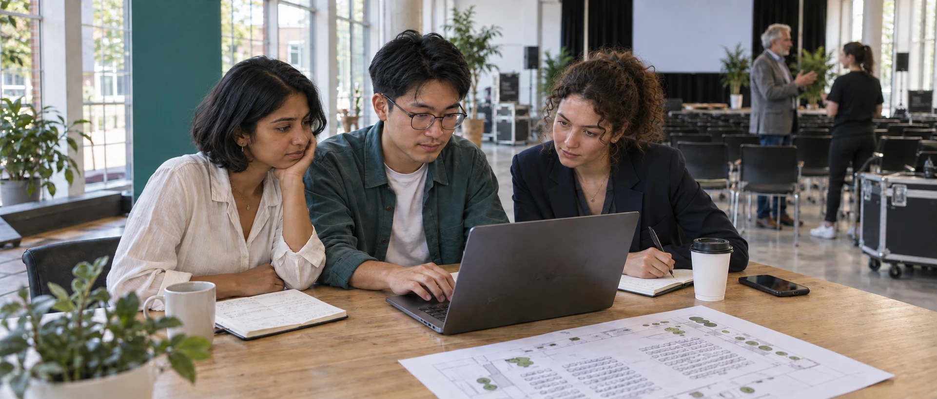 Three young organizers planning an event around a laptop and venue layout inside a conference space
